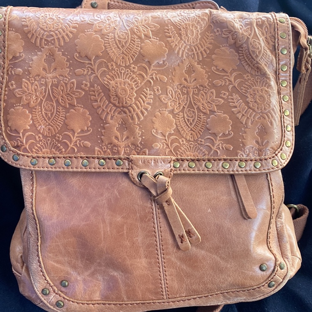 Embossed Tan Leather Backpack - Picture 2 of 6